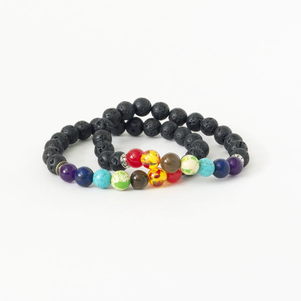 Chakra Lava Rock Oil Diffuser Bracelet. These bracelets feature 7 different color stones that represent the 7 different chakras. The lava rocks are also diffusers for your favorite essential oils. Simply add 1-2 drops of healing oils and wear your bracelet all day. Two styles are available: antiqued brass and silver.