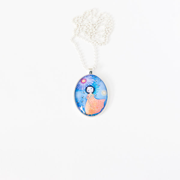 Beekeper pendant necklace. The beauty of bees was captured in this original piece by Lindy Longhurst. The artist captures every aspect of what we love about bees in a fanciful and poetic manner.  We offer "The Beekeeper" in pendants and picture sized prints made by the artist.  The size of the print is 21 x 29cm (8.25 x 11.5 inches) with the actual image size 16.5 x 22cm (6.5 x 8.7 inches). Ships in a Priority Mail Envelope.  Necklace Pendant is 1.5" X 1.25, brass and silver