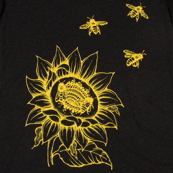 Sunflower & Honey Bees Women's T-shirt. This will be your new favorite shirt! Dramatic yet simple make this tee easy to love. Soft, modern and original.  Buttery soft triblend material, preshrunk, form fitted v-neck.  Sale on Red option, only a few sizes left.  FREE package of wildflower seeds with your order. We want to help provide nectar, pollen and shelter to our beloved pollinators.  We Love Bees!!