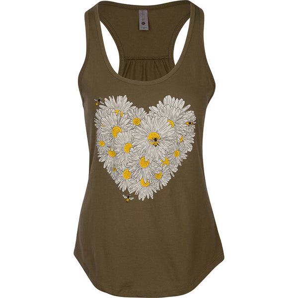 Daisy & Honey Bees Women's Tank. Designed by a beekeeper for nature lovers! Stay comfortable and beautiful throughout your bee-zzz day.  Soft cotton/poly blend, true to size racerback, tear-away label.   FREE package of wildflower pollinator seeds with your purchase.