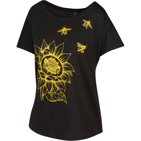 Sunflower & Honey Bees Women's T-shirt. Start wearing your new favorite shirt now. Soft, modern and original.   Super soft triblend material in vintage black, flower and bees printed in gold yellow.  Preshrunk, true to size dolman.  FREE package of wildflower seeds with your order. Help provide nectar, pollen and shelter to our beloved pollinators.  We Love Bees!!