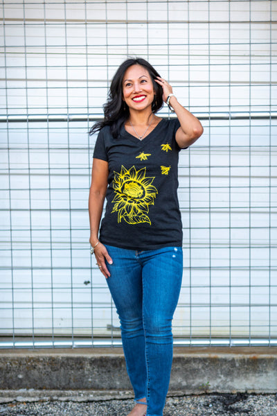 Sunflower & Honey Bees Women's T-shirt. This will be your new favorite shirt! Dramatic yet simple make this tee easy to love. Soft, modern and original.  Buttery soft triblend material, preshrunk, form fitted v-neck.  Sale on Red option, only a few sizes left.  FREE package of wildflower seeds with your order. We want to help provide nectar, pollen and shelter to our beloved pollinators.  We Love Bees!!