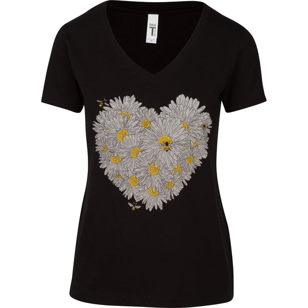 Daisy & Honey Bees Women's T-shirt. This is your new go-to shirt. Pairs easily with any outfit, soft material with an original design. No more silly bee shirts, feel confident and look great.   Cotton/poly blend, laundered, tearaway label, form fitted v-neck.