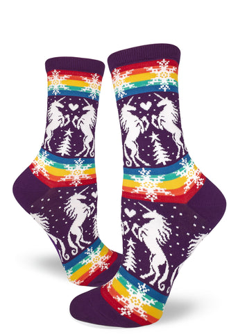 Unicorns & Rainbows Socks. What's not to love here?? Everybody can rock hearts and unicorns. These are just the socks you need to hit the Spring fests.  Fits women's shoe sizes 6 to 10. 65% cotton, 24% nylon, 8% polyester, 3% spandex. Crew fit, Made by MOD socks.