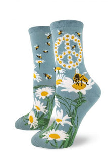 Bee and Flower Socks. Support bees and cute feet in your very own floral peace loving bee socks.  Choose from 5 different designs.  The perfect gift for any earth loving girl.   Fits women's shoe sizes 6 to 10. 65% cotton, 24% nylon, 8% polyester, 3% spandex. Crew fit, Made by MOD socks.