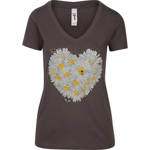 Daisy & Honey Bees Women's T-shirt. This is your new go-to shirt. Pairs easily with any outfit, soft material with an original design. No more silly bee shirts, feel confident and look great.   Cotton/poly blend, laundered, tearaway label, form fitted v-neck.