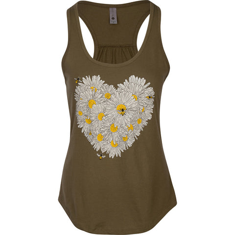 Daisy & Honey Bees Women's Tank. Designed by a beekeeper for nature lovers! Stay comfortable and beautiful throughout your bee-zzz day.  Soft cotton/poly blend, true to size racerback, tear-away label.   FREE package of wildflower pollinator seeds with your purchase. 