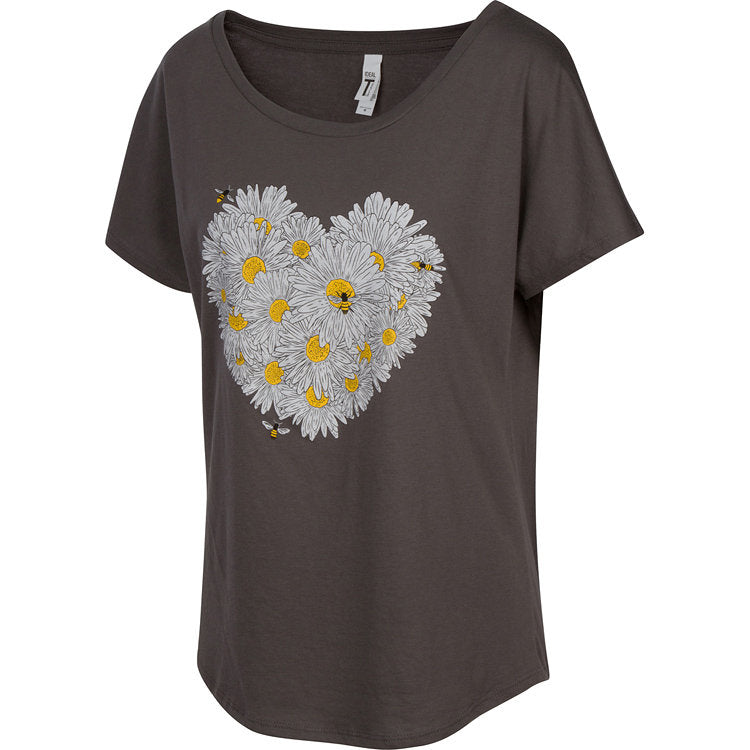 Daisy & Honey Bees Women's T-shirt. A great style that drapes well, has room to move but stays flattering to all figures. This features our love of daisies and bees with a modern look and feel.   Soft cotton/poly blend, laundered, tearaway label, true to size dolman.   FREE package of wildflower seeds with your order.  We Love Bees!!