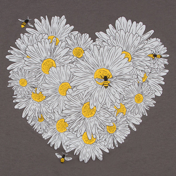Daisy & Honey Bees Women's T-shirt. A great style that drapes well, has room to move but stays flattering to all figures. This features our love of daisies and bees with a modern look and feel.   Soft cotton/poly blend, laundered, tearaway label, true to size dolman.   FREE package of wildflower seeds with your order.  We Love Bees!!