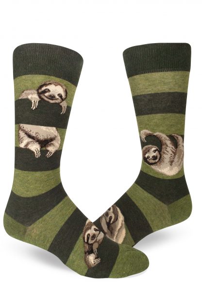 Men's Sloth Socks. Who doesn't love sloths? Treat yourself or your man to these hip statement socks. This sloth design is the perfect accent to every mans wardrobe.  Fits men's shoe sizes 8 to 13. 65% cotton, 24% nylon, 8% polyester, 3% spandex. Crew fit, heather peat.
