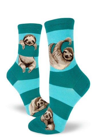 Women's Sloth Socks. Who doesn't love sloths? Treat yourself and your girl's to these hip socks. This sloth design is the perfect accent to every outfit.  Fits women's shoe sizes 6 to 10. 65% cotton, 24% nylon, 8% polyester, 3% spandex. Crew fit, teal, made by MOD socks.